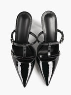 Women's Black Patent Leather Pointed Toe T-Strap Stiletto Mules