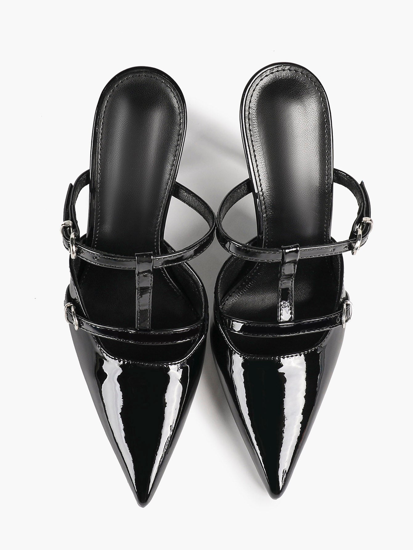 Women's Black Patent Leather Pointed Toe T-Strap Stiletto Mules