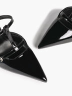 Women's Black Patent Leather Pointed Toe T-Strap Stiletto Mules