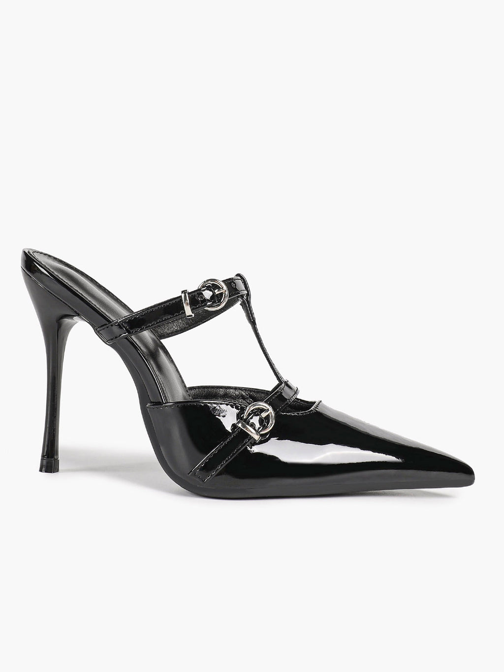 Women's Black Patent Leather Pointed Toe T-Strap Stiletto Mules