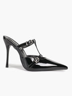 Women's Black Patent Leather Pointed Toe T-Strap Stiletto Mules