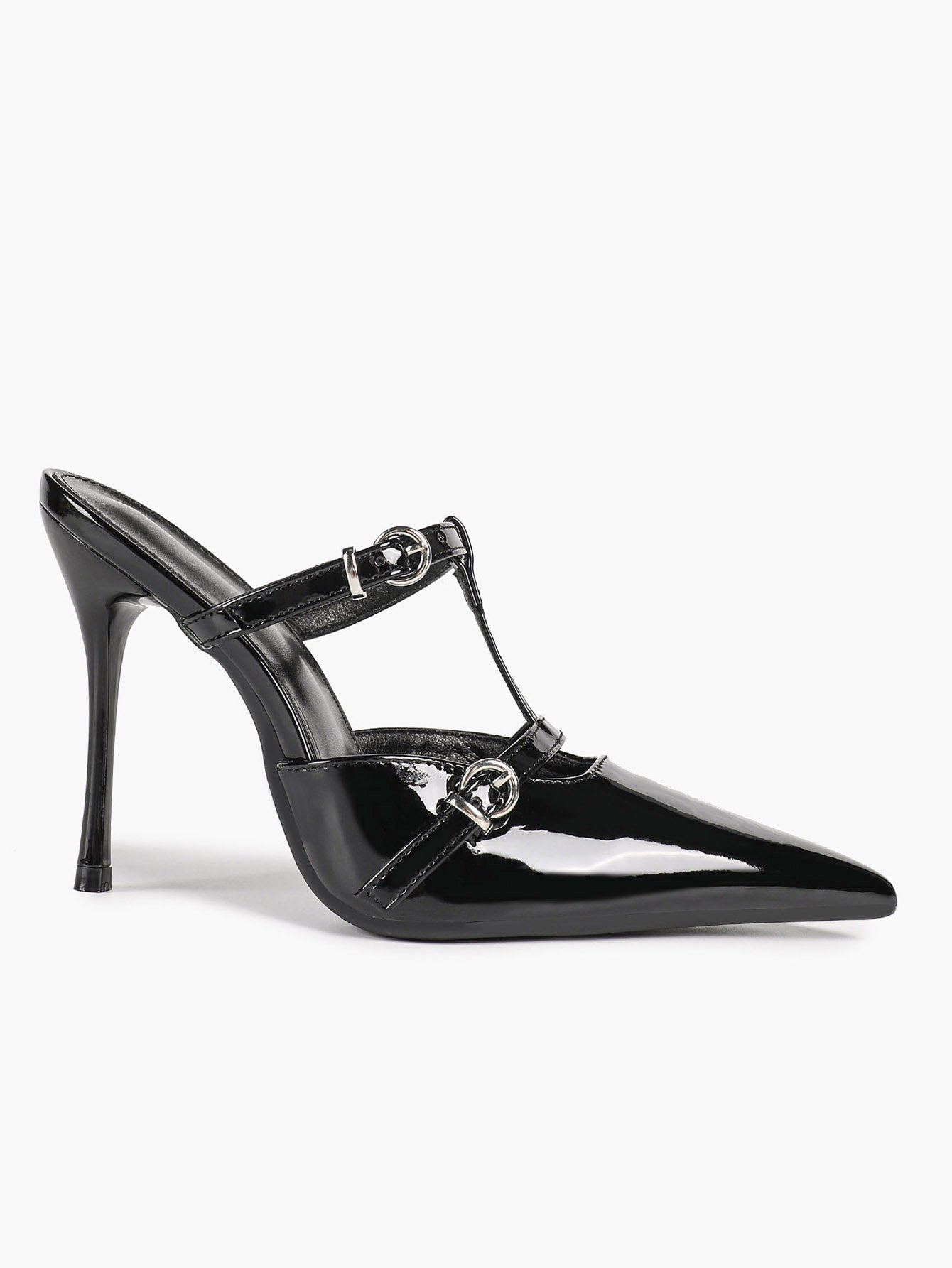 Women's Black Patent Leather Pointed Toe T-Strap Stiletto Mules