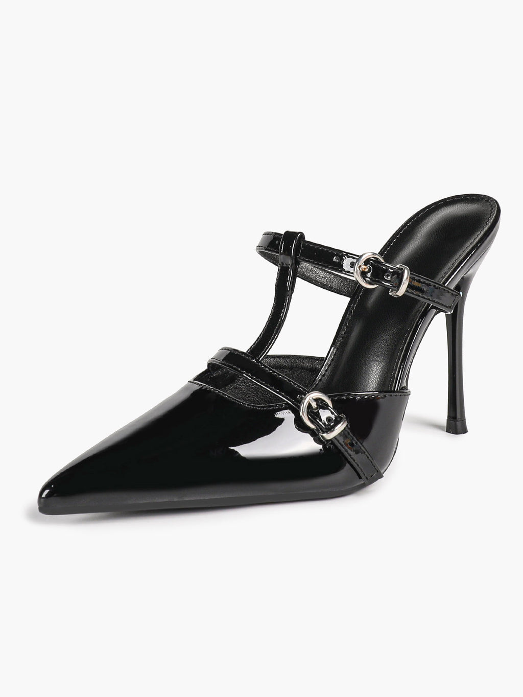 Women's Black Patent Leather Pointed Toe T-Strap Stiletto Mules