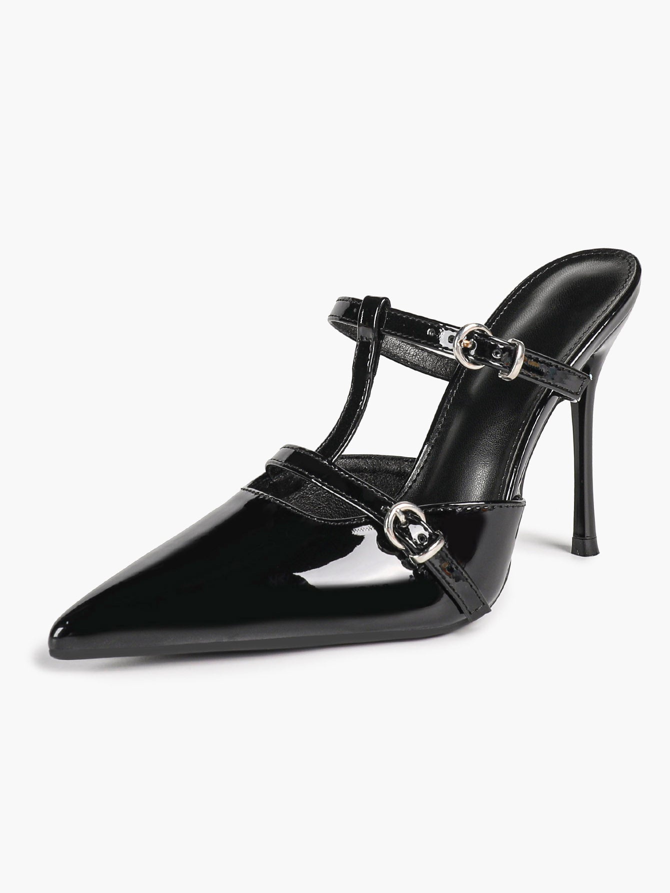 Women's Black Patent Leather Pointed Toe T-Strap Stiletto Mules