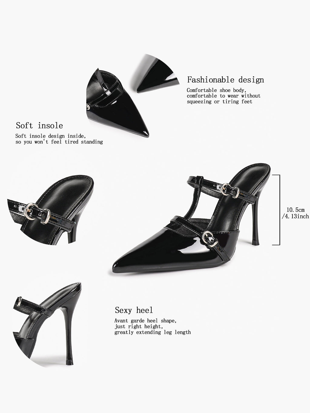 Women's Black Patent Leather Pointed Toe T-Strap Stiletto Mules