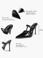 Women's Black Patent Leather Pointed Toe T-Strap Stiletto Mules
