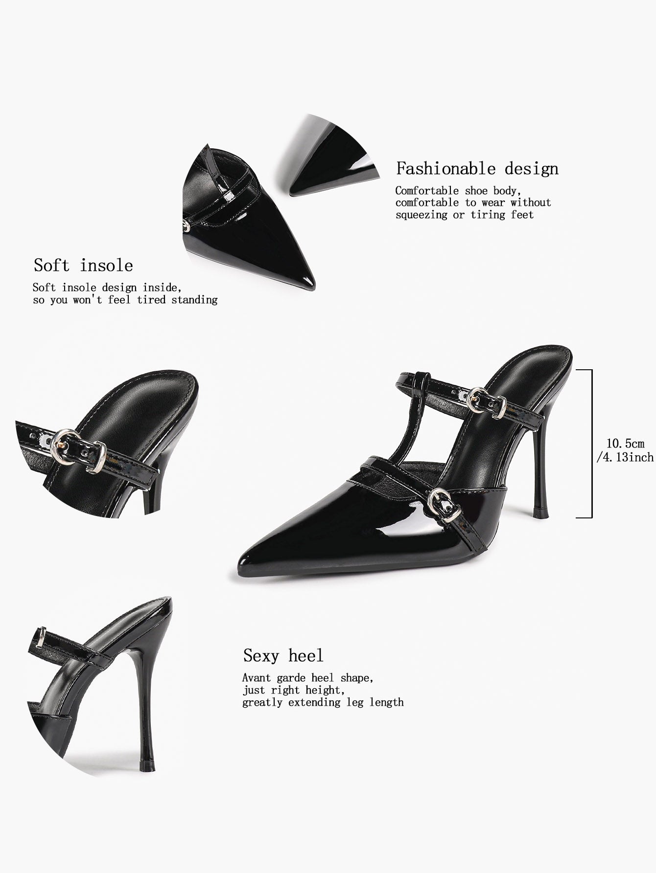 Women's Black Patent Leather Pointed Toe T-Strap Stiletto Mules