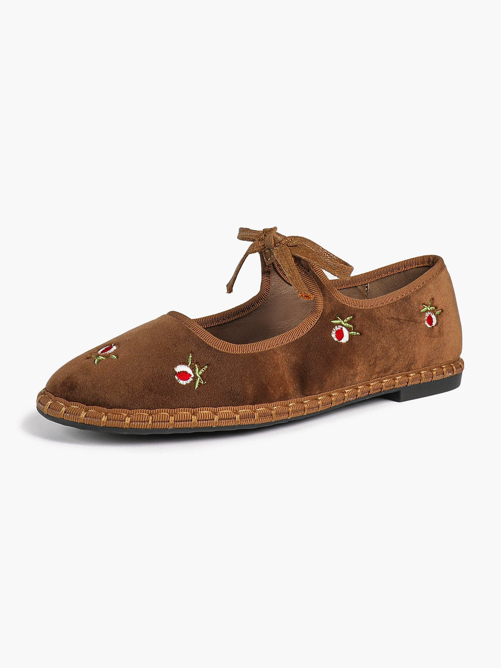 Black Velvet Flower Embroidered Mary Jane Flats Bow Tie Shoes Casual Outing Shoes ISHIFIVAN