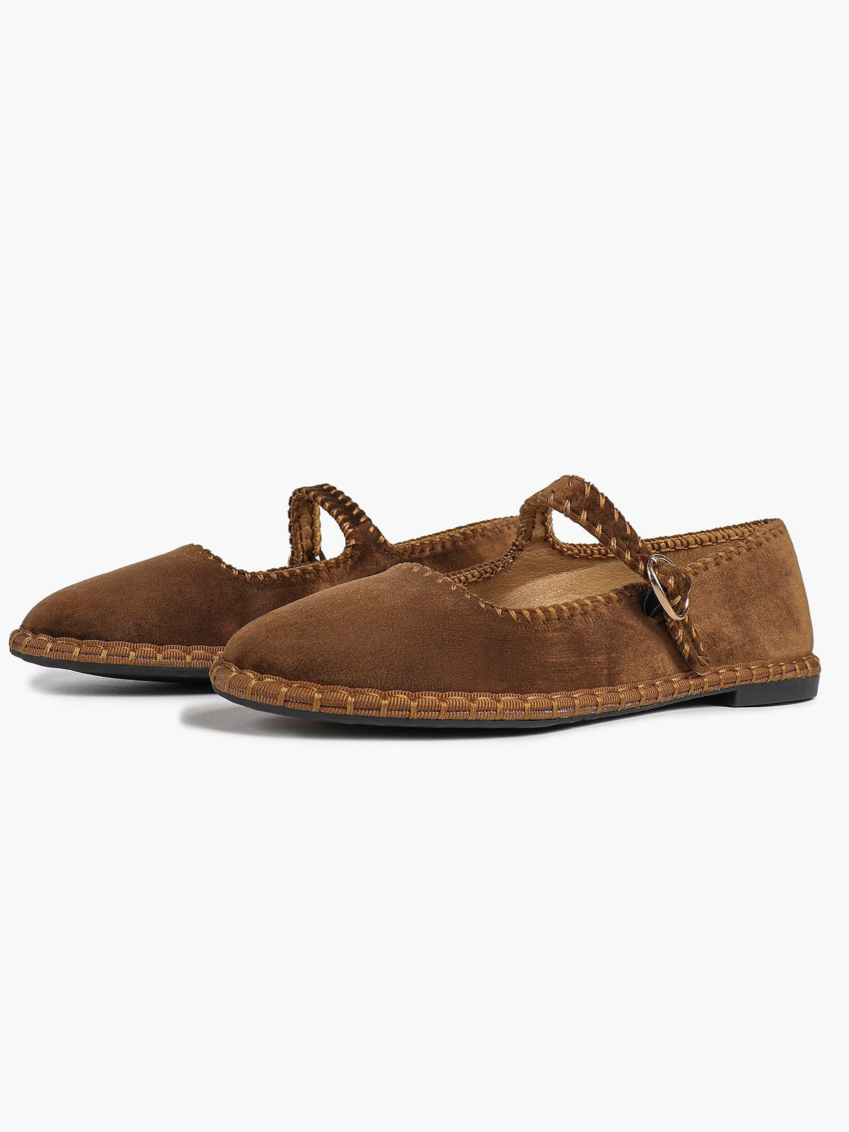 Brown Velvet Mary Jane Flats Slip On Weekend Casual Shoes ISHIFIVAN
