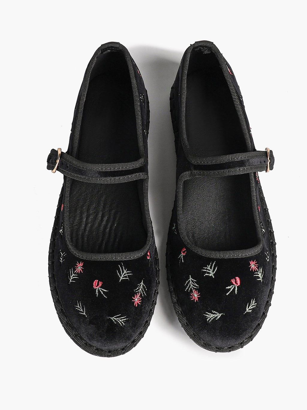 Women's Black Velvet Embroidered Mary Jane Flats Vintage Floral Slip On Shoes ISHIFIVAN