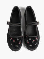 Women's Black Velvet Embroidered Mary Jane Flats Vintage Floral Slip On Shoes ISHIFIVAN