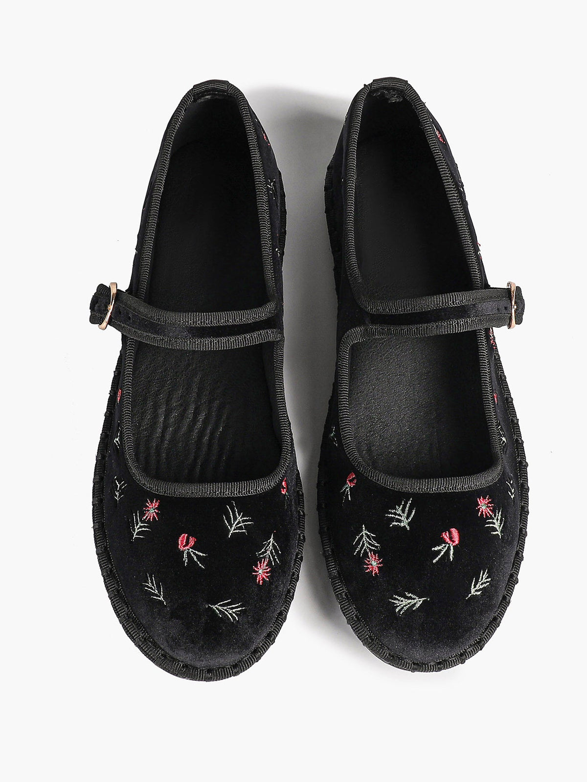 Women's Black Velvet Embroidered Mary Jane Flats Vintage Floral Slip On Shoes ISHIFIVAN