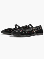 Women's Black Velvet Embroidered Mary Jane Flats Vintage Floral Slip On Shoes ISHIFIVAN
