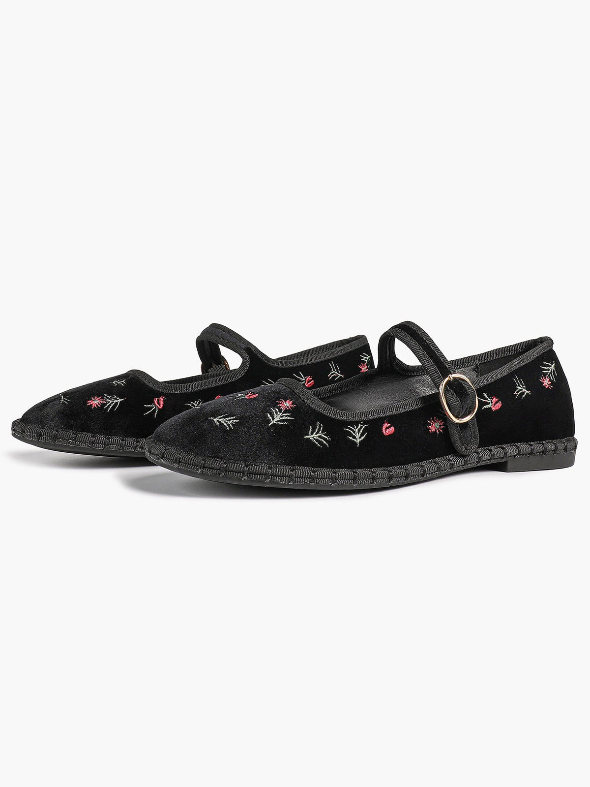 Women's Black Velvet Embroidered Mary Jane Flats Vintage Floral Slip On Shoes ISHIFIVAN
