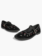 Women's Black Velvet Embroidered Mary Jane Flats Vintage Floral Slip On Shoes ISHIFIVAN
