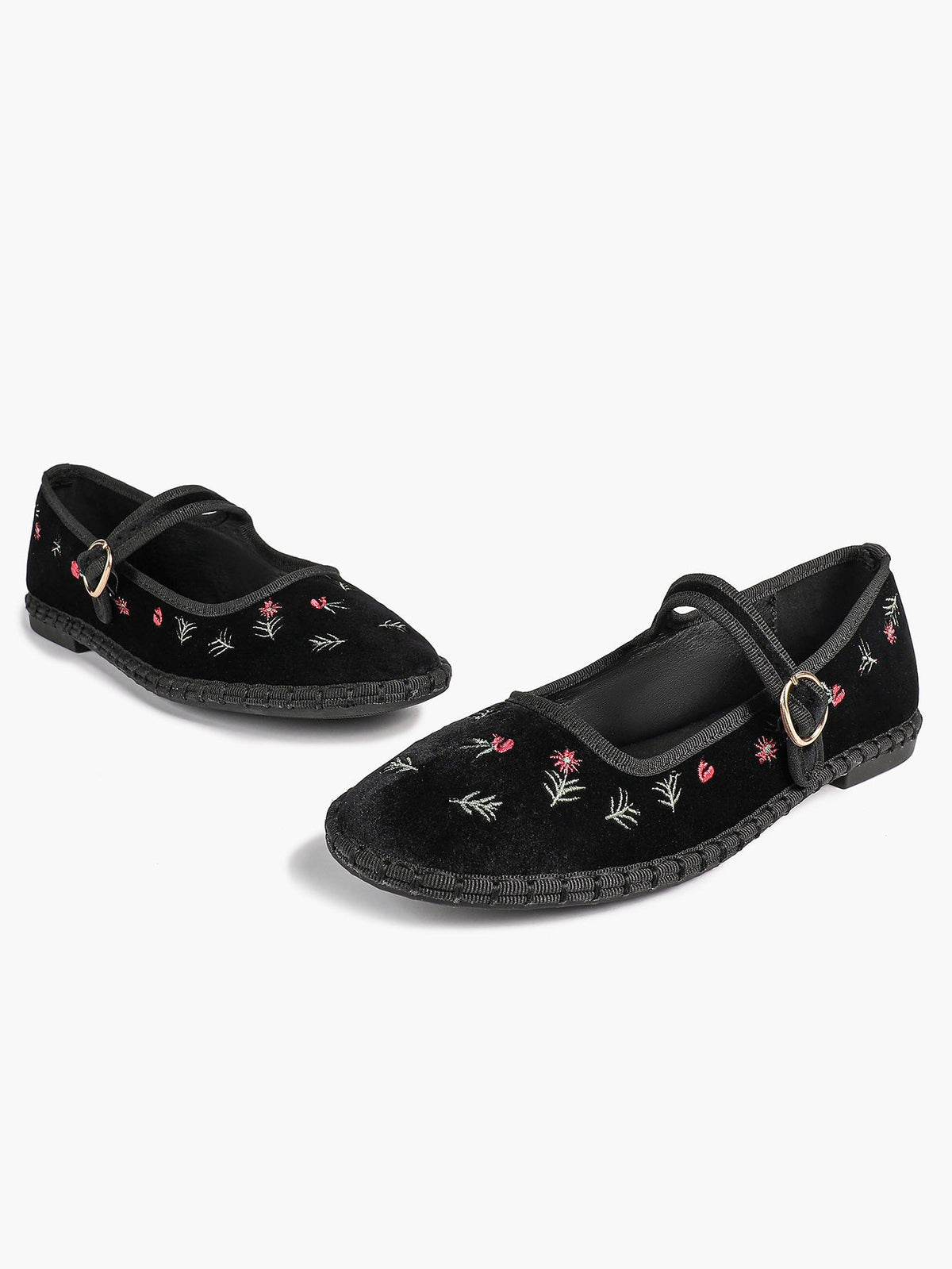 Women's Black Velvet Embroidered Mary Jane Flats Vintage Floral Slip On Shoes ISHIFIVAN