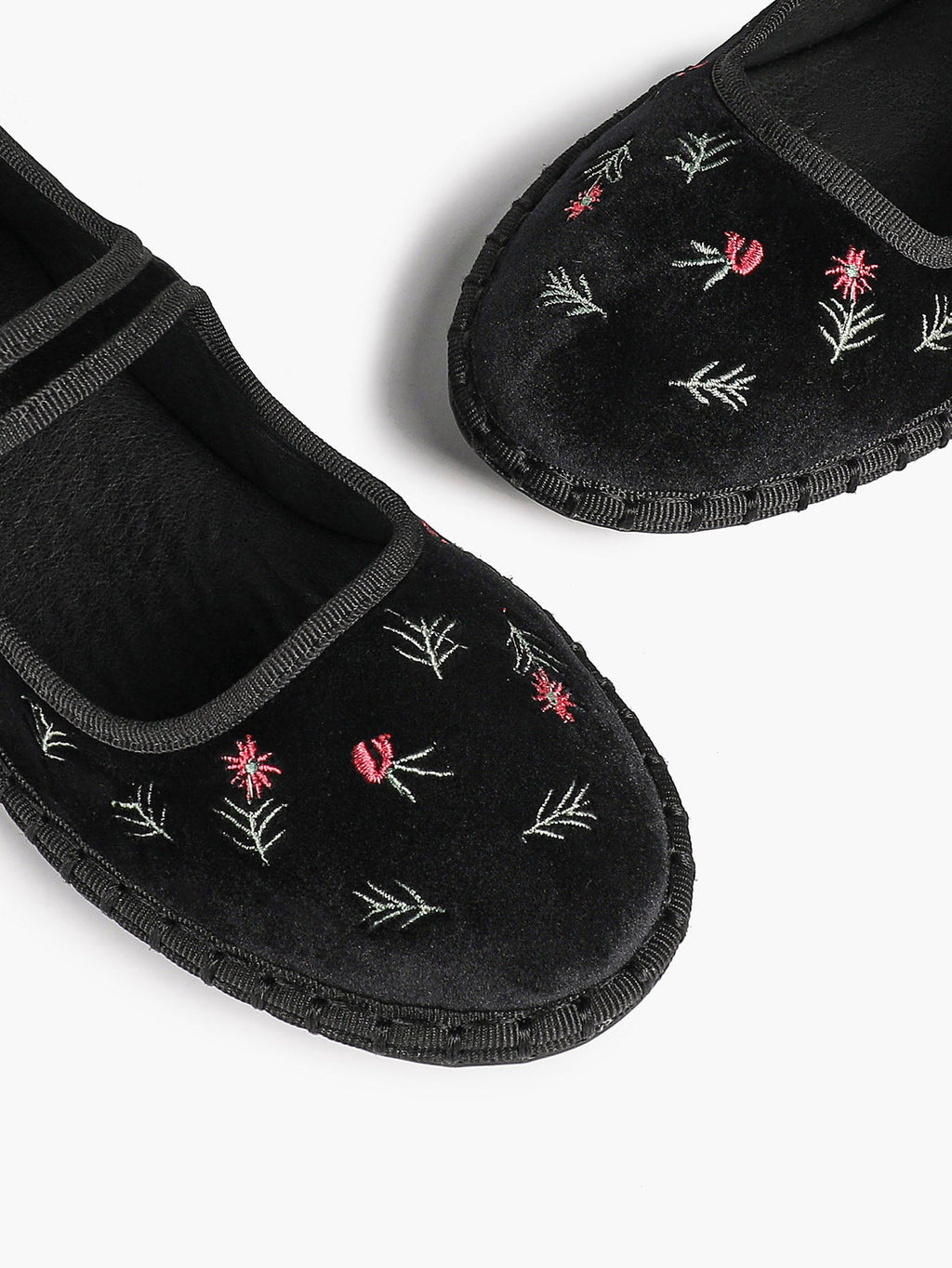 Women's Black Velvet Embroidered Mary Jane Flats Vintage Floral Slip On Shoes ISHIFIVAN