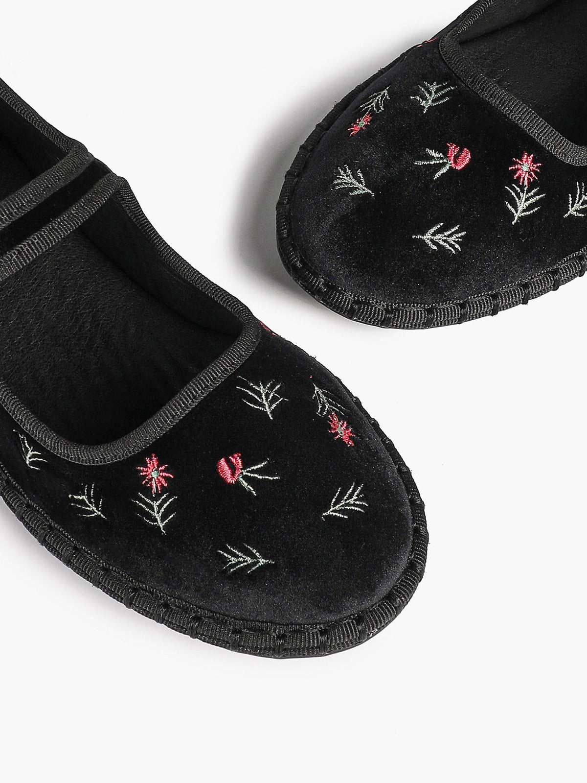 Women's Black Velvet Embroidered Mary Jane Flats Vintage Floral Slip On Shoes ISHIFIVAN