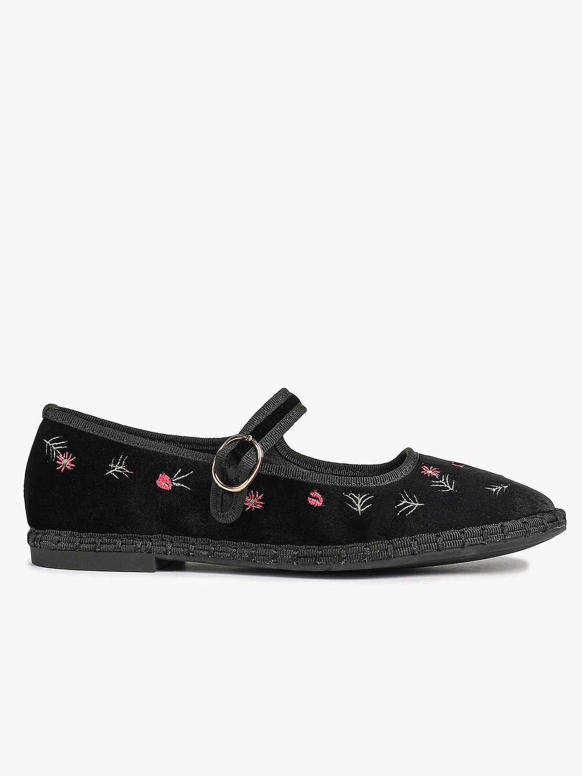 Women's Black Velvet Embroidered Mary Jane Flats Vintage Floral Slip On Shoes ISHIFIVAN