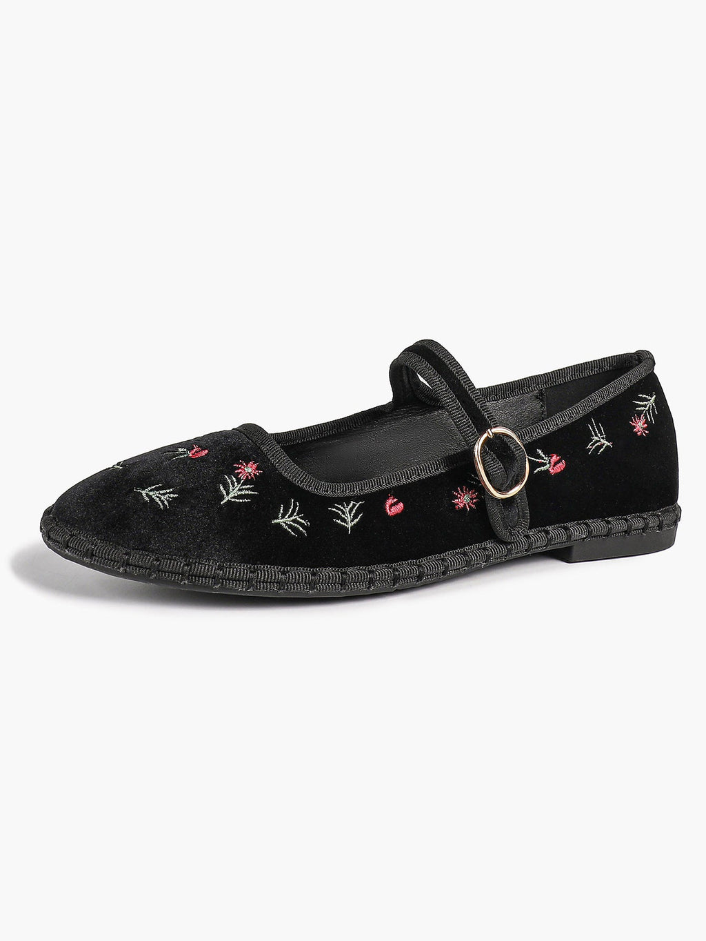 Women's Black Velvet Embroidered Mary Jane Flats Vintage Floral Slip On Shoes ISHIFIVAN