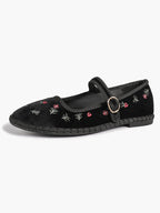 Women's Black Velvet Embroidered Mary Jane Flats Vintage Floral Slip On Shoes ISHIFIVAN