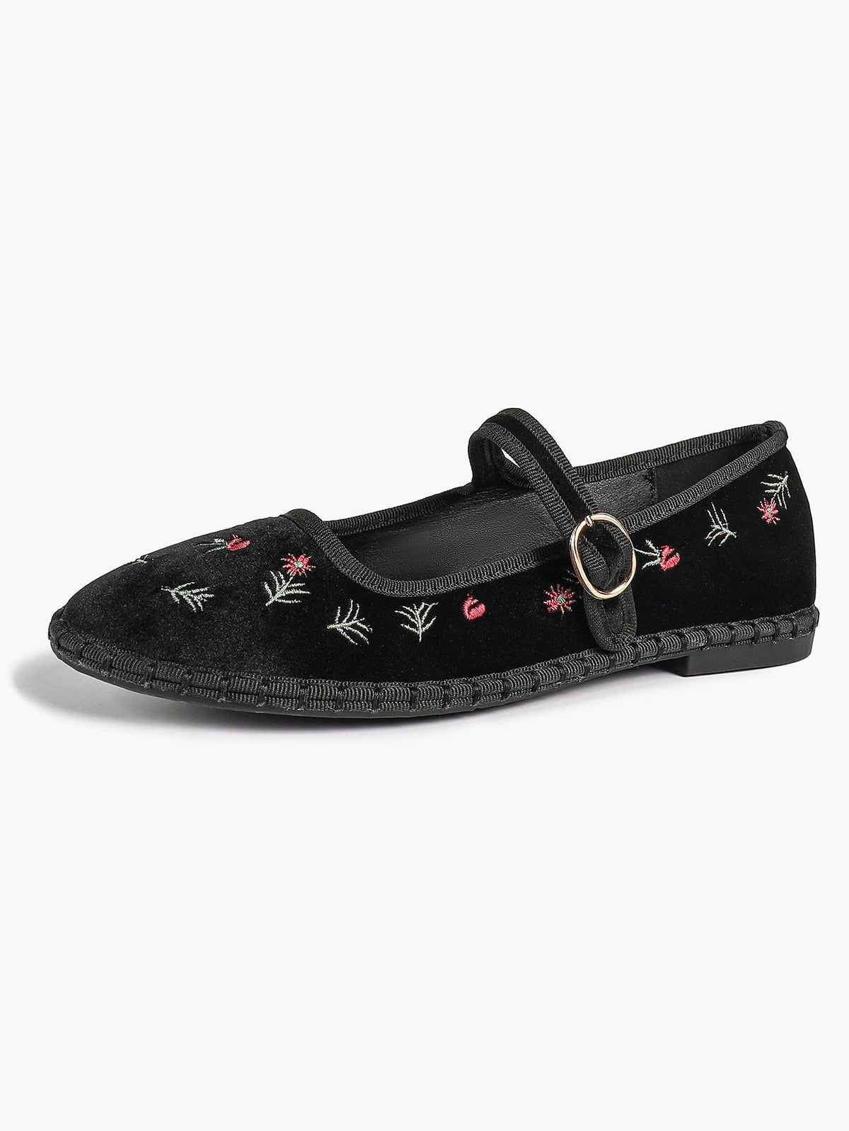 Women's Black Velvet Embroidered Mary Jane Flats Vintage Floral Slip On Shoes ISHIFIVAN