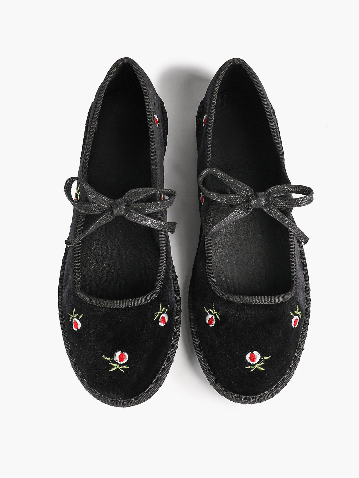Black Velvet Flower Embroidered Mary Jane Flats Bow Tie Shoes Casual Outing Shoes ISHIFIVAN