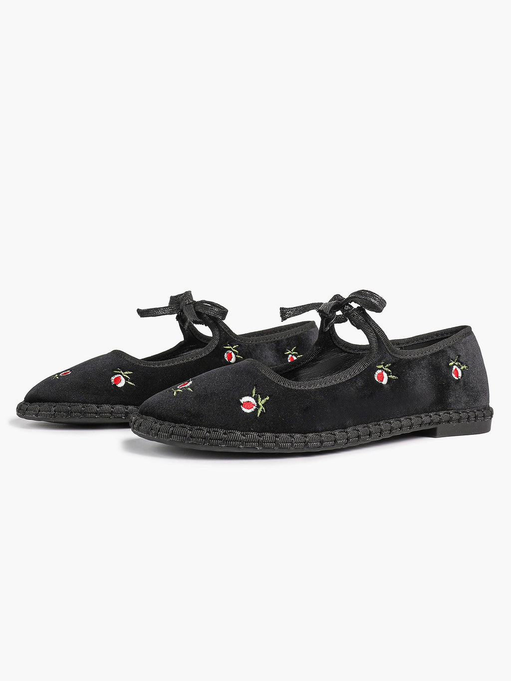 Black Velvet Flower Embroidered Mary Jane Flats Bow Tie Shoes Casual Outing Shoes ISHIFIVAN
