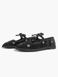 Black Velvet Flower Embroidered Mary Jane Flats Bow Tie Shoes Casual Outing Shoes ISHIFIVAN