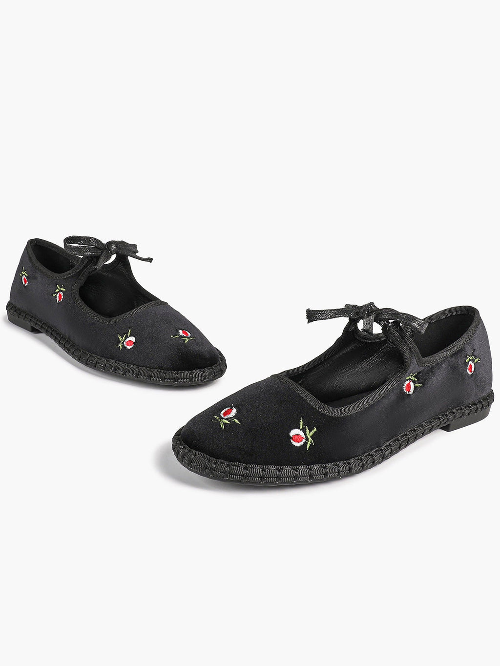 Black Velvet Flower Embroidered Mary Jane Flats Bow Tie Shoes Casual Outing Shoes ISHIFIVAN