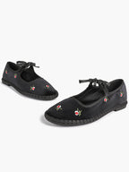Black Velvet Flower Embroidered Mary Jane Flats Bow Tie Shoes Casual Outing Shoes ISHIFIVAN