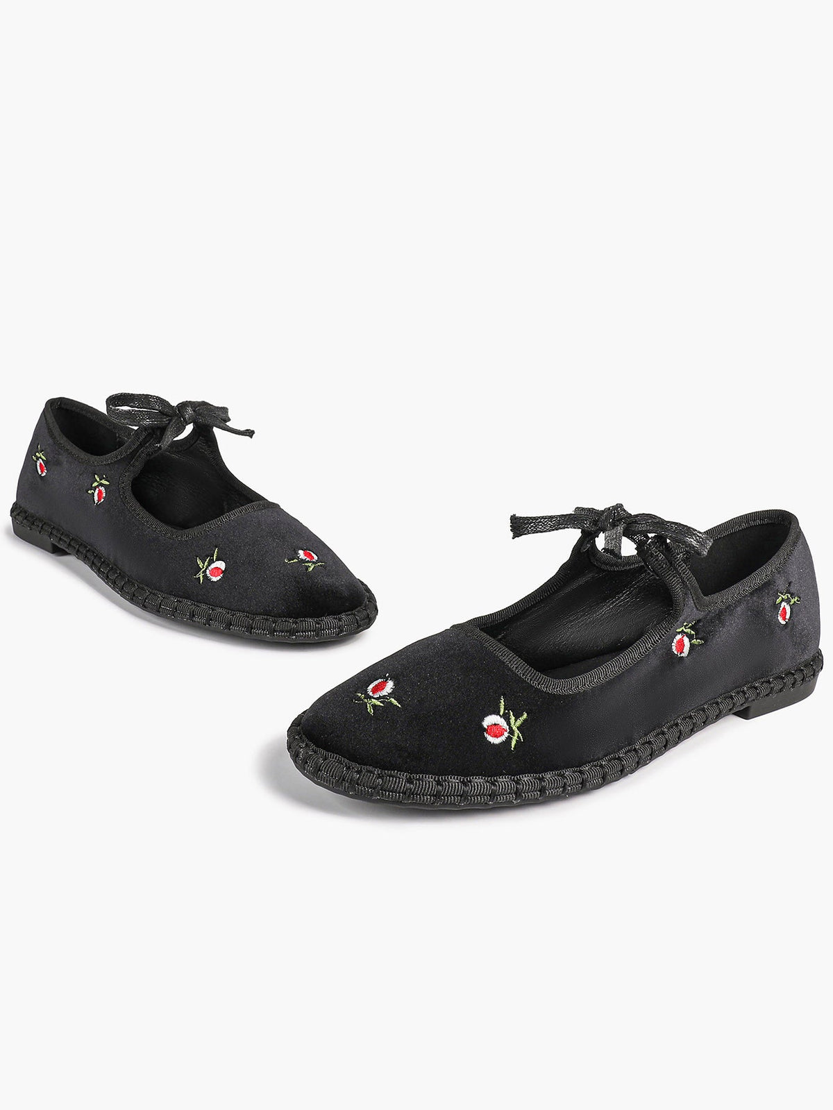 Black Velvet Flower Embroidered Mary Jane Flats Bow Tie Shoes Casual Outing Shoes ISHIFIVAN