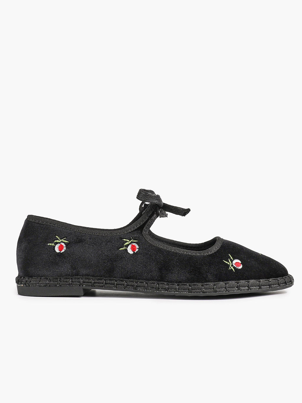 Black Velvet Flower Embroidered Mary Jane Flats Bow Tie Shoes Casual Outing Shoes ISHIFIVAN