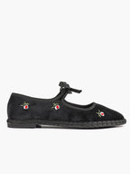 Black Velvet Flower Embroidered Mary Jane Flats Bow Tie Shoes Casual Outing Shoes ISHIFIVAN