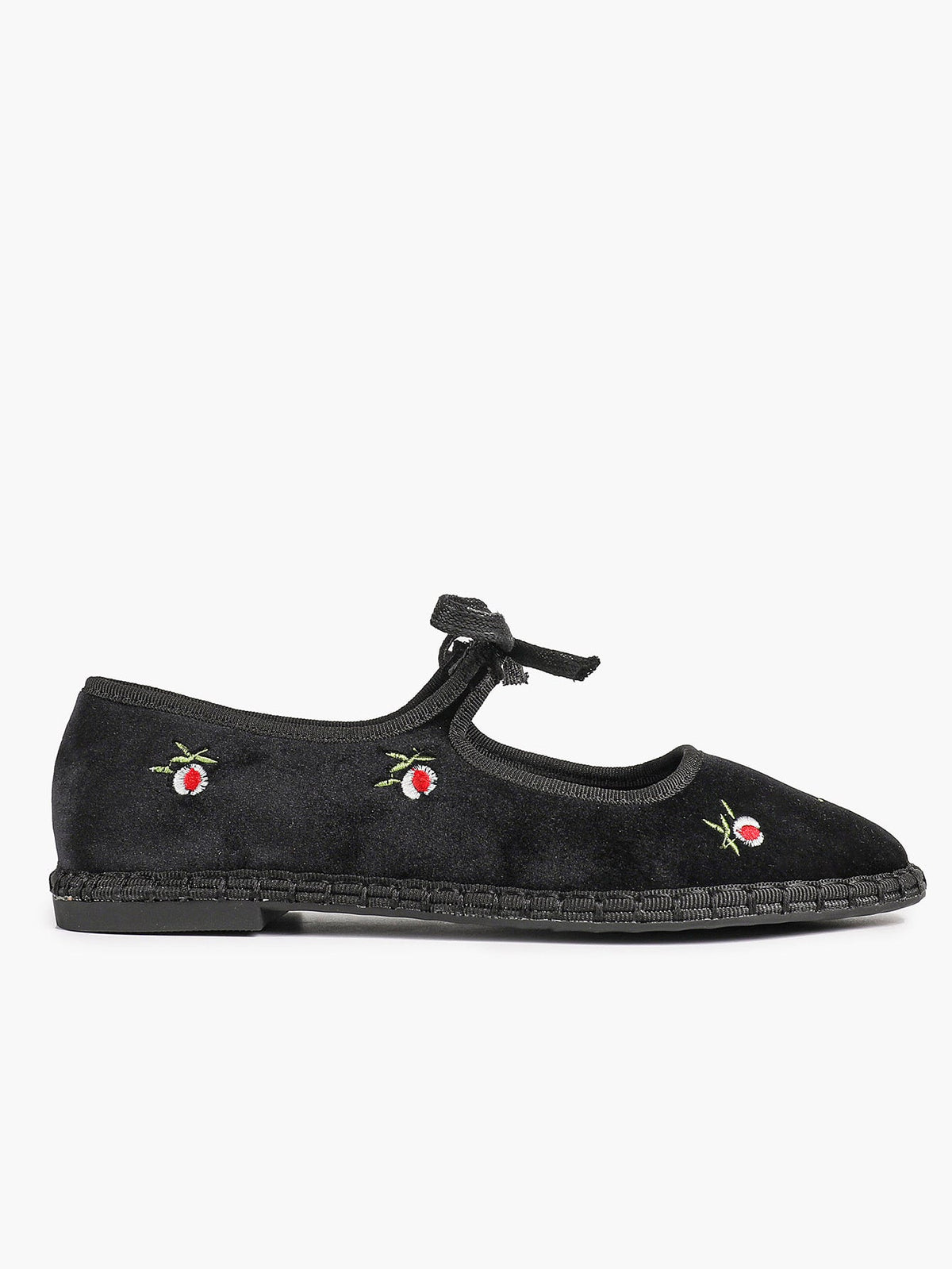 Black Velvet Flower Embroidered Mary Jane Flats Bow Tie Shoes Casual Outing Shoes ISHIFIVAN