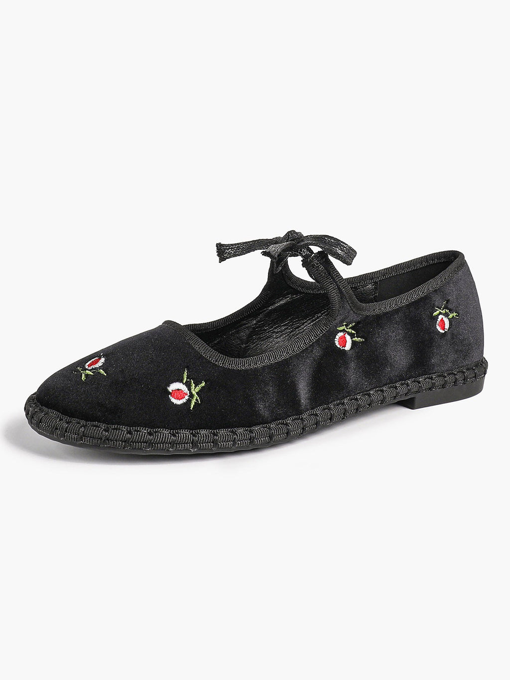 Black Velvet Flower Embroidered Mary Jane Flats Bow Tie Shoes Casual Outing Shoes ISHIFIVAN