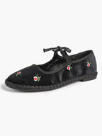 Black Velvet Flower Embroidered Mary Jane Flats Bow Tie Shoes Casual Outing Shoes ISHIFIVAN