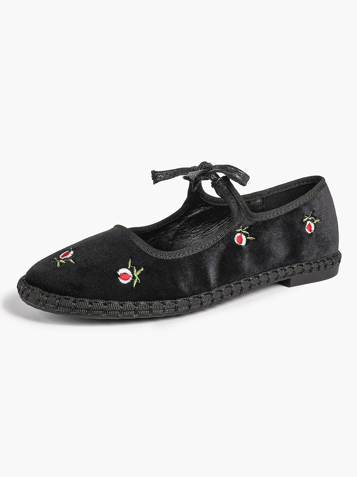 Black Velvet Flower Embroidered Mary Jane Flats Bow Tie Shoes Casual Outing Shoes ISHIFIVAN