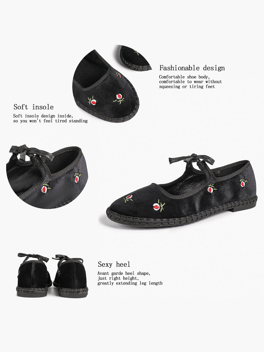 Black Velvet Flower Embroidered Mary Jane Flats Bow Tie Shoes Casual Outing Shoes ISHIFIVAN