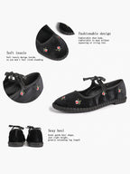 Black Velvet Flower Embroidered Mary Jane Flats Bow Tie Shoes Casual Outing Shoes ISHIFIVAN