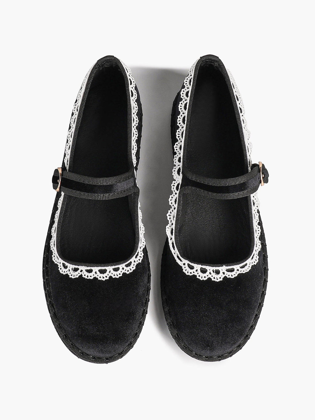 Black Velvet Mary White Lace Trim Jane Flats Pointed Toe Vintage Ballerinas Slip-On Shoes ISHIFIVAN