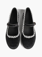 Black Velvet Mary White Lace Trim Jane Flats Pointed Toe Vintage Ballerinas Slip-On Shoes ISHIFIVAN