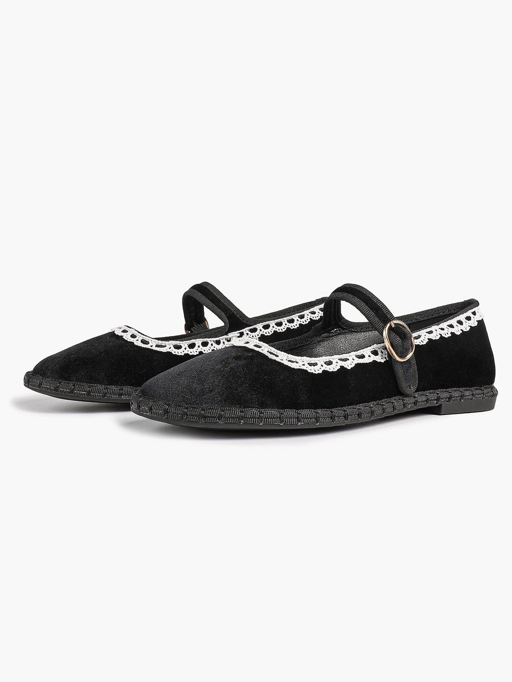 Black Velvet Mary White Lace Trim Jane Flats Pointed Toe Vintage Ballerinas Slip-On Shoes ISHIFIVAN