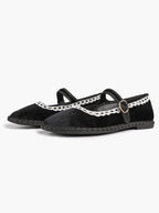 Black Velvet Mary White Lace Trim Jane Flats Pointed Toe Vintage Ballerinas Slip-On Shoes ISHIFIVAN