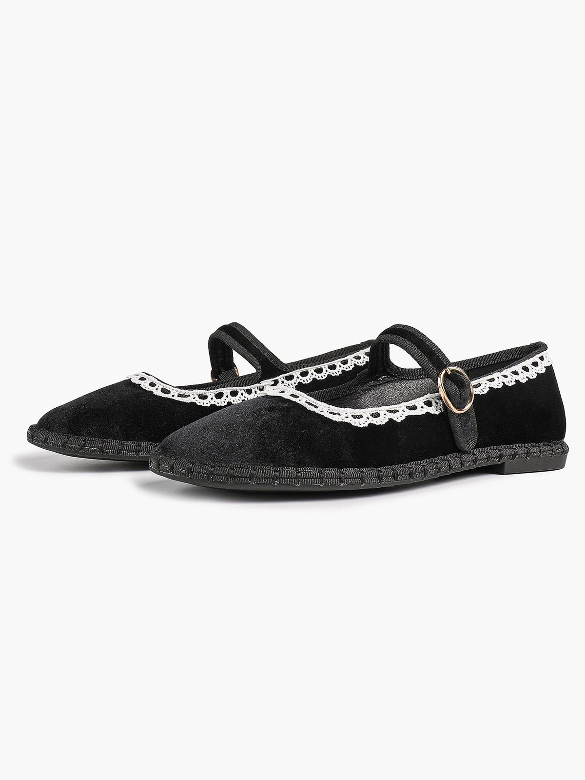 Black Velvet Mary White Lace Trim Jane Flats Pointed Toe Vintage Ballerinas Slip-On Shoes ISHIFIVAN