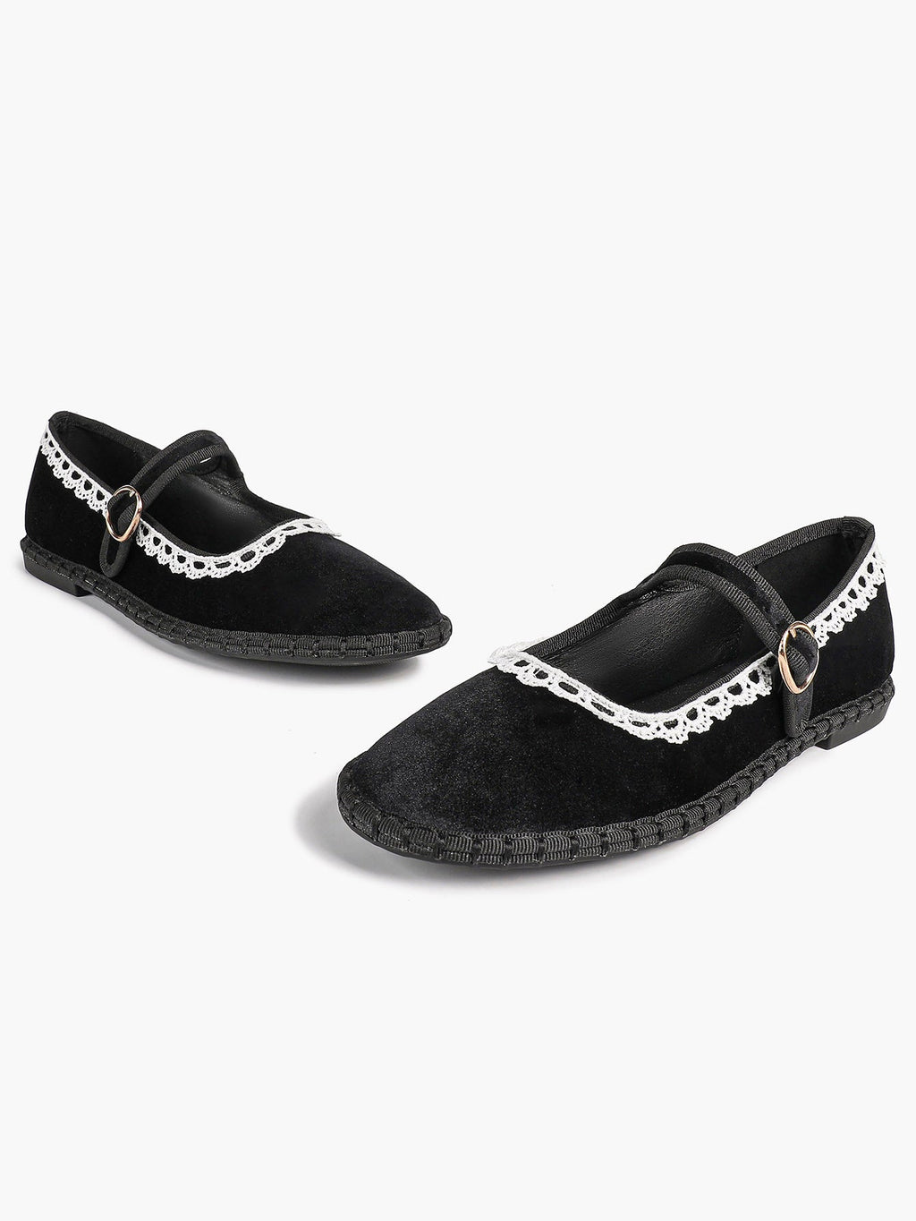 Black Velvet Mary White Lace Trim Jane Flats Pointed Toe Vintage Ballerinas Slip-On Shoes ISHIFIVAN