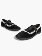 Black Velvet Mary White Lace Trim Jane Flats Pointed Toe Vintage Ballerinas Slip-On Shoes ISHIFIVAN