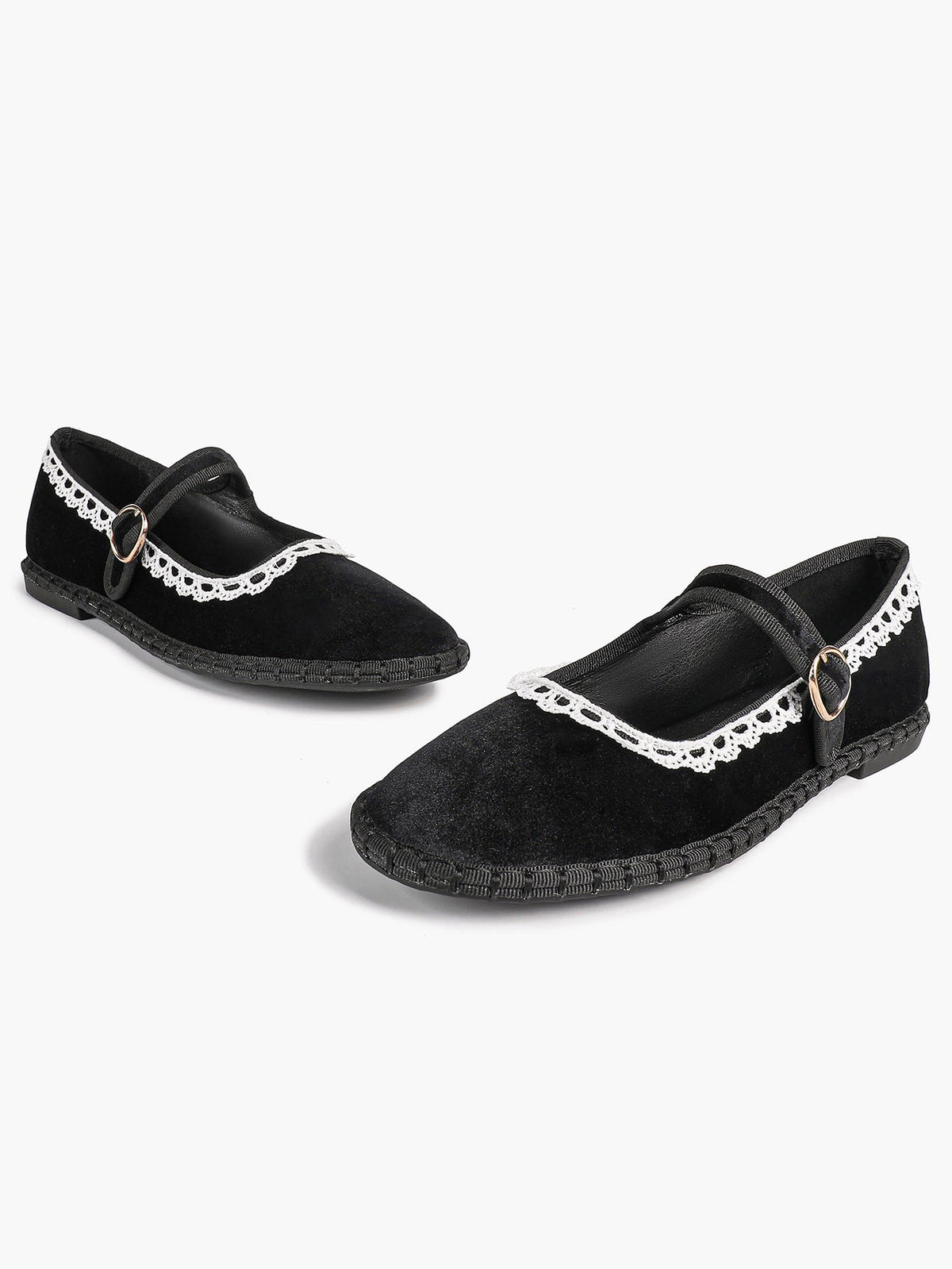 Black Velvet Mary White Lace Trim Jane Flats Pointed Toe Vintage Ballerinas Slip-On Shoes ISHIFIVAN