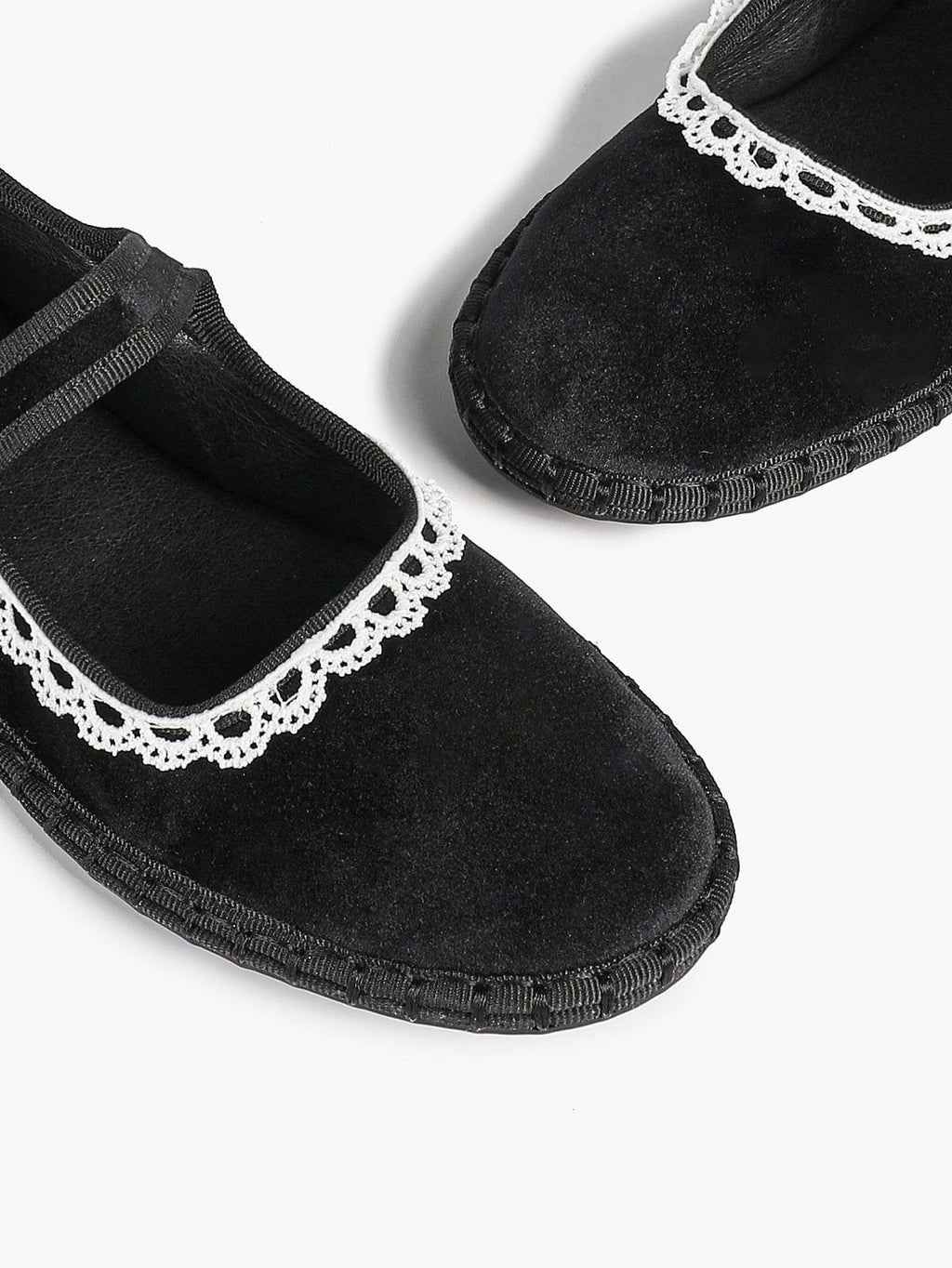Black Velvet Mary White Lace Trim Jane Flats Pointed Toe Vintage Ballerinas Slip-On Shoes ISHIFIVAN