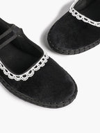 Black Velvet Mary White Lace Trim Jane Flats Pointed Toe Vintage Ballerinas Slip-On Shoes ISHIFIVAN